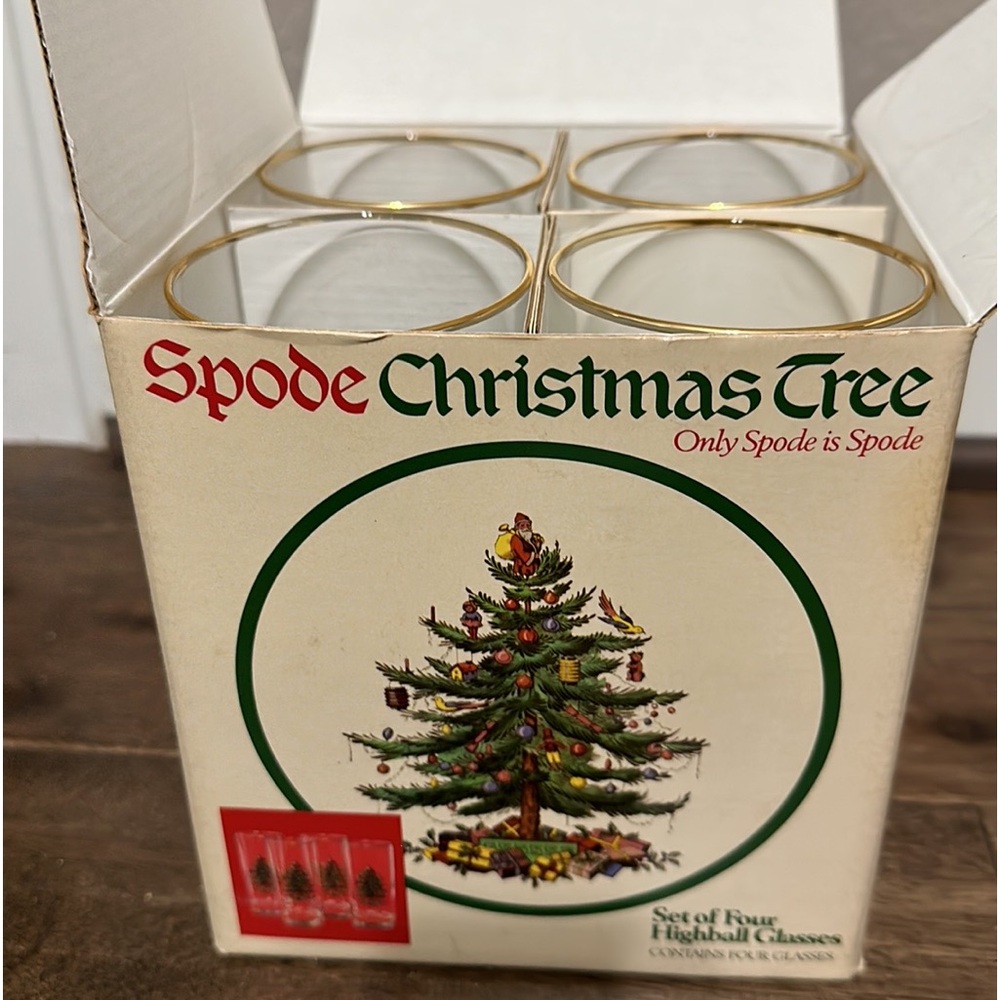 Spode Highball Christmas tree holly leaf glasses set of 4 barware with box